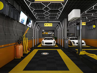 Modern 4S Car Dealership Workshop With White Sports Cars And Yellow Black Floor 3d model