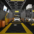 Modern 4S Car Dealership Workshop With White Sports Cars And Yellow Black Floor