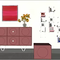 Modern Pink Decorative Cabinet With Vase Potted Plant Wall Painting And Bookshelf