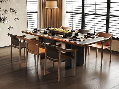Modern Wooden Dining Table Set With Chairs Tableware Fruits Bamboo Decor And Floor Lamp 3d model