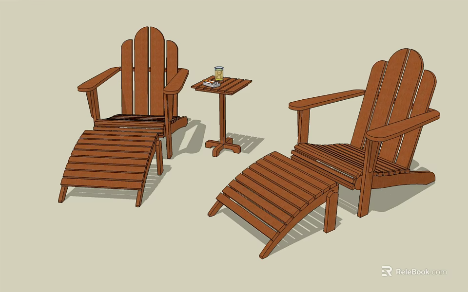 Two Wooden Lounge Chairs With Ottomans Side Table And Cup 3d model