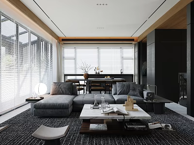 Modern Living And Dining Room Interior With Large Windows Gray Sofa And Wooden Elements 3d model