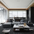 Modern Living And Dining Room Interior With Large Windows Gray Sofa And Wooden Elements