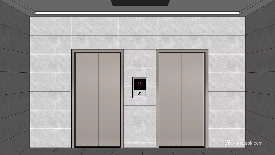 Elevator Lobby Interior With Two Elevators Gray Tiled Walls And Floor Indicator Panel 3d model 