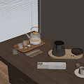 Elegant Modern Tea Set On Wooden Table With Glass Teapot Teacups And Trays