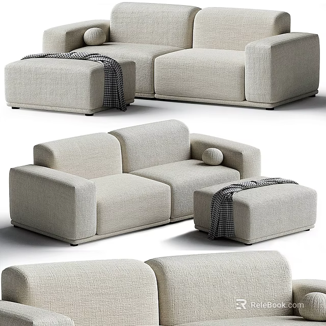 Modern Light Beige Fabric Two-Seater Sofa With Matching Ottoman And Soft Cushions 3d model 