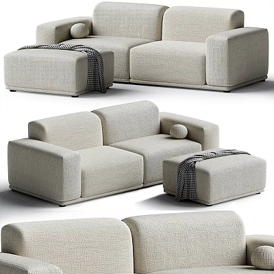 Modern Light Beige Fabric Two-Seater Sofa With Matching Ottoman And Soft Cushions 3d model