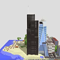 Cartoon Scenery With Various Buildings Sandy Beach Blue Water And Green Plants