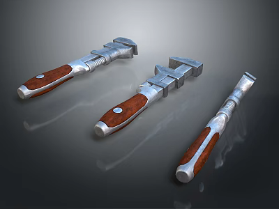 Adjustable Wrenches Three Pieces With Metal Body And Wooden Handles 3d model