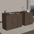 Wooden Tea Cabinets On Rug With Faucet Cups Teapot Potted Plant By Window Green View