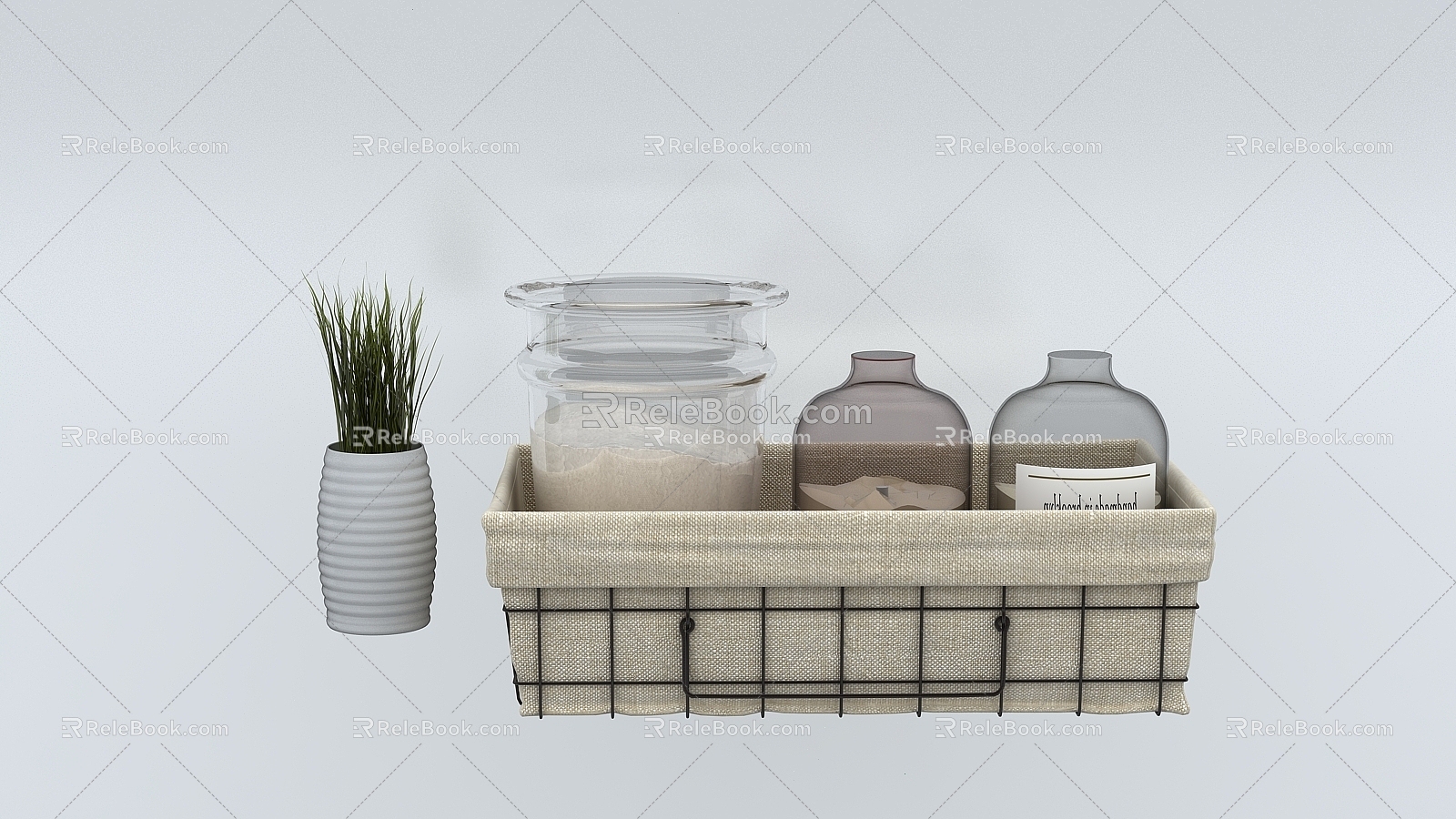 Washing machine, toilet, a basin of ornaments, glass bottles, green plants model