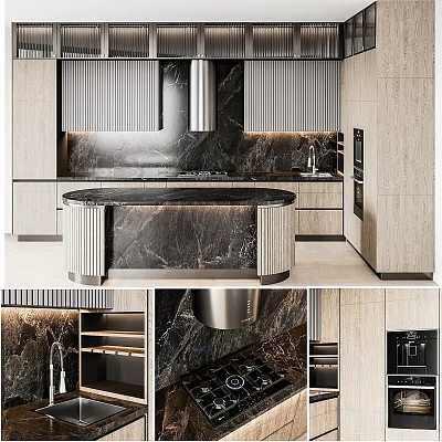 Modern Kitchen Interior With Marble Island And Stylish Wooden Cabinets 3d model