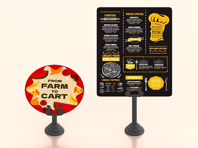 Circular And Vertical Food Display Shelves Showing Fresh Produce And Farm To Cart Details 3d model