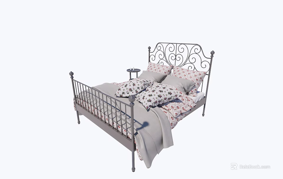 Double Bed With Wrought Iron Frame Ornate Headboard Floral Pillows And Gray Throw Blanket 3d model 