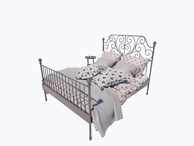 Double Bed With Wrought Iron Frame Ornate Headboard Floral Pillows And Gray Throw Blanket 3d model