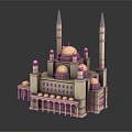 Historic Architectural Model Featuring Golden Domes Tall Minarets Arched Porticoes And Ornate Columns