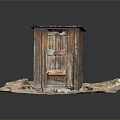 Rustic Wooden Hut With Rusted Roof Open Doorway Bucket Inside On Dirt Ground