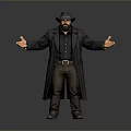 Man Wearing Black Hat Long Coat And Brown Pants With Arms Outstretched On Grey Background