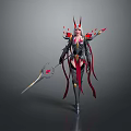 Woman in Red and Black Outfit with Horned Headdress Holding Spear and Flowing Ribbons 3d model