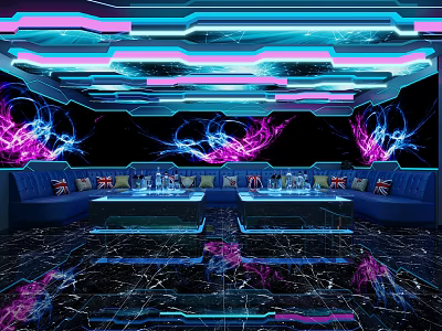 Modern KTV Interior with Purple Blue Neon Lights Sofas Marble Floor and Wall Decorations 3d model