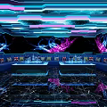 Modern KTV Interior with Purple Blue Neon Lights Sofas Marble Floor and Wall Decorations