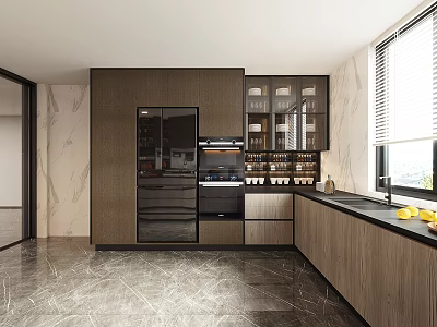 Modern Luxury Wood Grain Kitchen With Built In Appliances And Functional Glass Display Cabinets 3d model