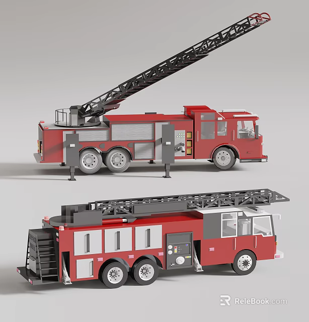Red Fire Trucks With Extended Ladders And Gear As Essential Firefighting Equipment 3d model 