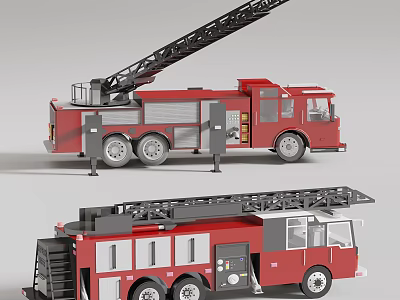 Red Fire Trucks With Extended Ladders And Gear As Essential Firefighting Equipment 3d model