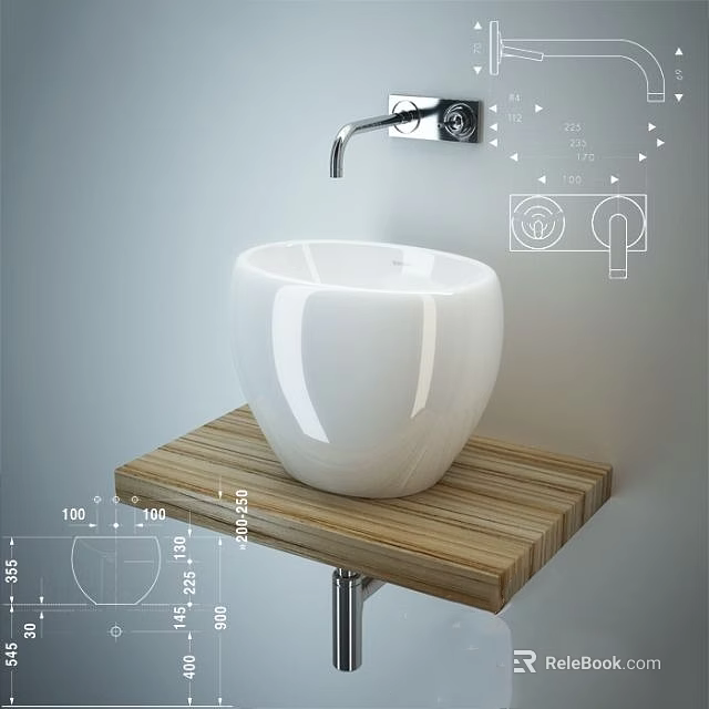 Modern White Ceramic Washbasin On Wooden Countertop With Wall Mounted Faucet And Metal Stand 3d model 