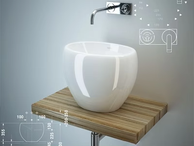 Modern White Ceramic Washbasin On Wooden Countertop With Wall Mounted Faucet And Metal Stand 3d model