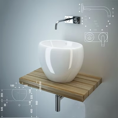Modern White Ceramic Washbasin On Wooden Countertop With Wall Mounted Faucet And Metal Stand 3d model