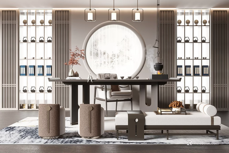 Chinese Style Tea Table and Chairs With Circular Decorative Mirror and Tea Sets on Shelves 3d model