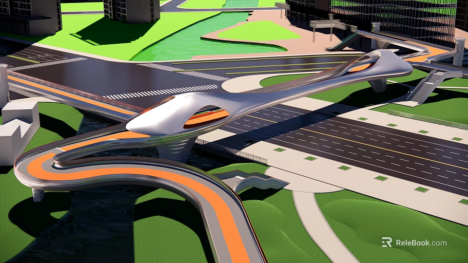 Modern Bridge With Curved Structure Connecting Urban Roads And Green Areas 3d model 