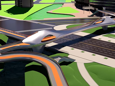 Modern Bridge With Curved Structure Connecting Urban Roads And Green Areas 3d model