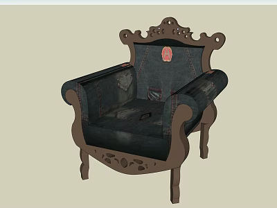 Vintage Single Sofa With Carved Wooden Frame And Dark Fabric Upholstery 3d model