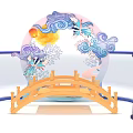 Decorative Moon Shaped Arch With Cloud Patterns Sun And Wooden Bridge Design 3d model