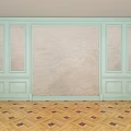 Light Blue Wainscoting Around Sliding Doors With Herringbone Wood Floor And Outdoor Green View