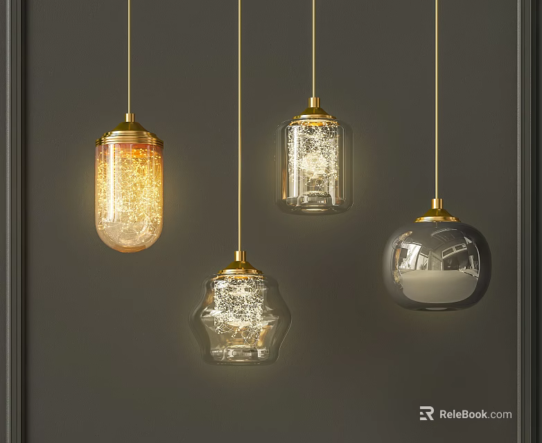 Modern Pendant Lights Design With Glass Shades Golden Bases Warm Light And Various Shapes 3d model 