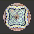 Decorative Circular Fountain With Blue Yellow Tiles And Central Small Tower
