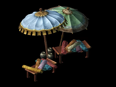 Outdoor Leisure Setup With Blue Green Umbrellas Lounge Chairs Cushions And Clay Pots 3d model