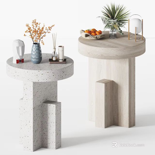 Modern Round Side Tables in Terrazzo and Wood Featuring Vases Fruit Bowl and Plants 3d model 