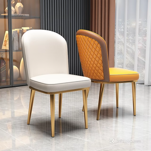 Modern White And Orange Dining Chairs With Diamond Quilted Back And Golden Legs 3d model 