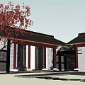 Traditional Chinese Detached Villa With Red Leaf Tree Black Roof And White Walls