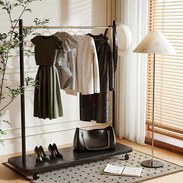 Modern Indoor Clothes Rack With Hanging Dresses Jackets Black Bag High Heels And Floor Lamp 3d model 