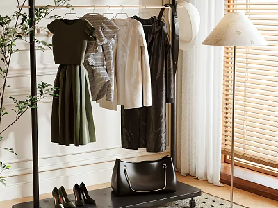 Modern Indoor Clothes Rack With Hanging Dresses Jackets Black Bag High Heels And Floor Lamp 3d model