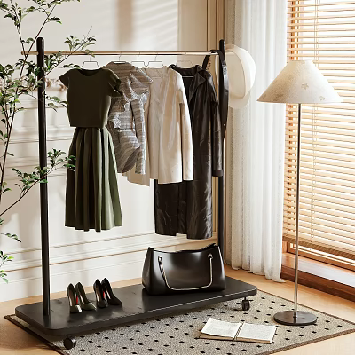 Modern Indoor Clothes Rack With Hanging Dresses Jackets Black Bag High Heels And Floor Lamp 3d model