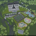 Scenic Park Landscape Featuring Multiple Pools Various Water Play Zones And Lush Greenery
