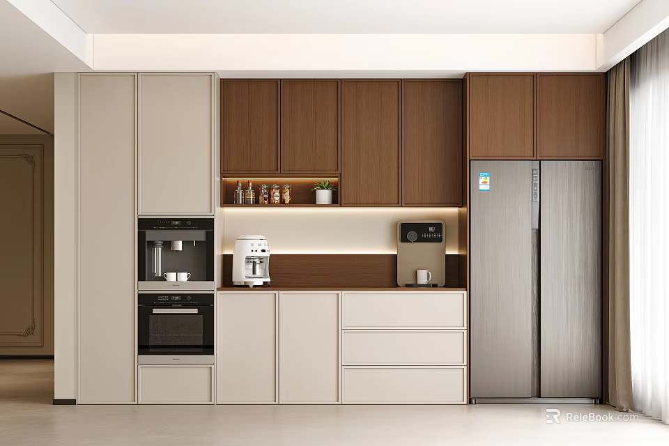 Modern Kitchen Interior With Beige Dark Brown Wooden Sideboard And Appliances 3d model 