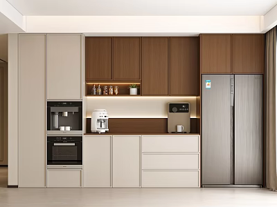 Modern Kitchen Interior With Beige Dark Brown Wooden Sideboard And Appliances 3d model