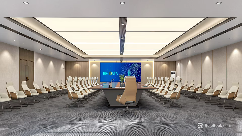 Modern Conference Room Interior With Long Table Big Data Screen Ceiling Lighting And Chairs 3d model